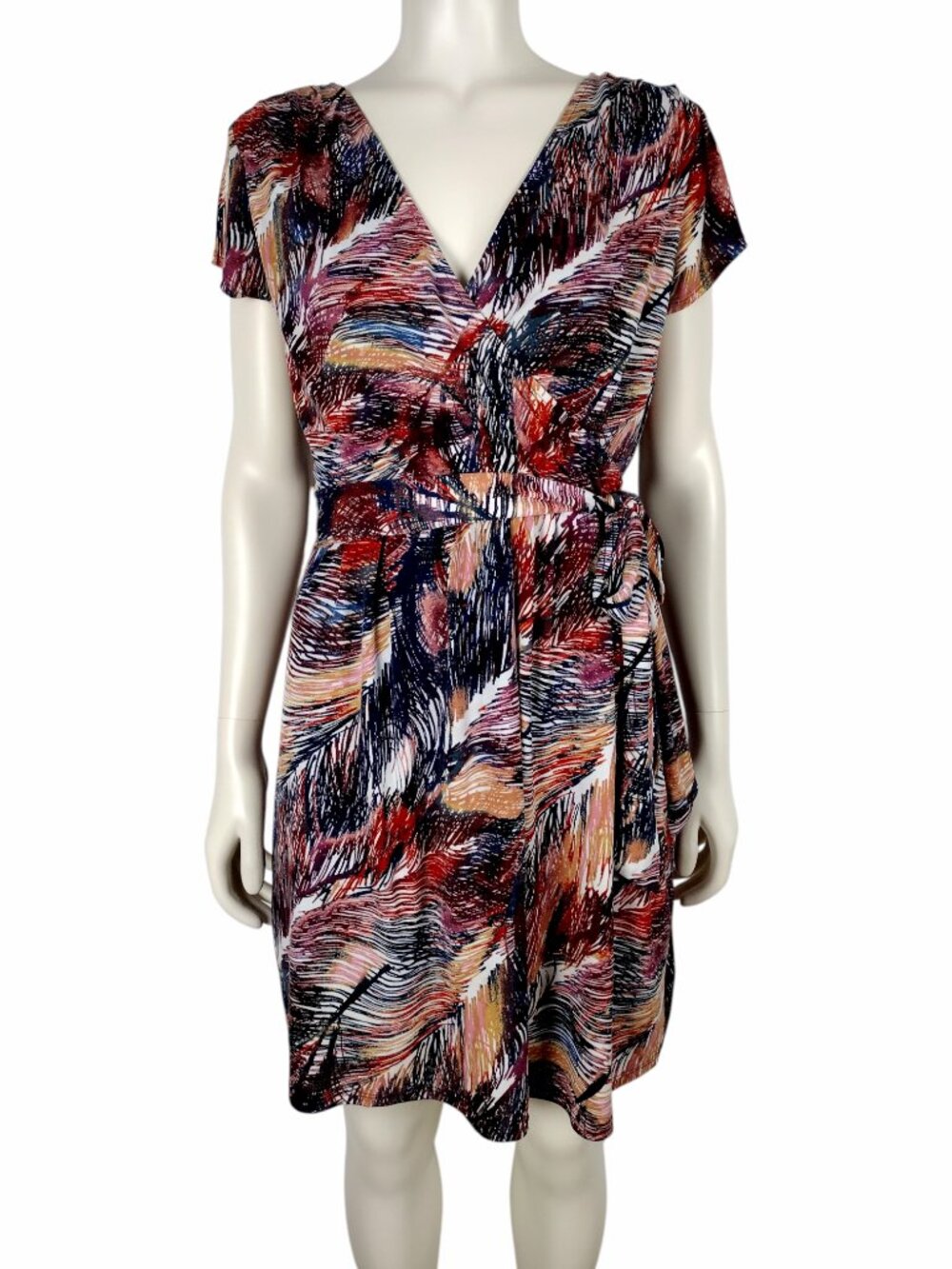 Liz Claiborne Multicolored Surplice V Neck Jersey Knit Belted Dress Size PM